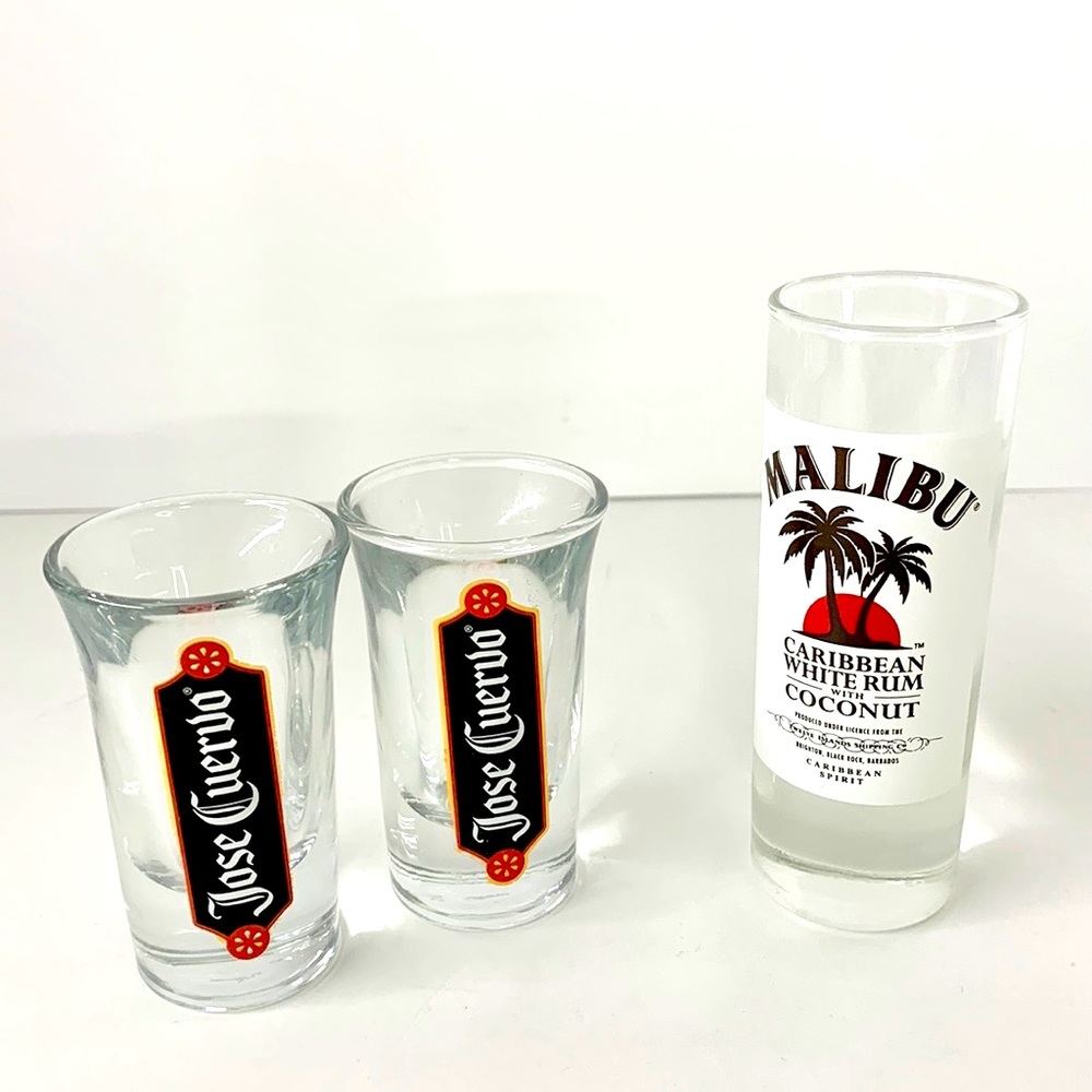 Vintage RARE HTF Red Gold Lined Jose Cuervo Shot Glass set & Malibu single glass